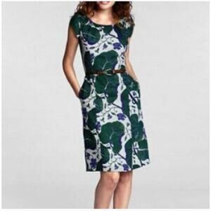 Lands End 100% Linen Green and Blue Tea-Length Dress Women's 2